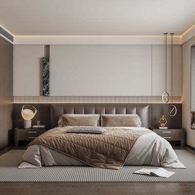 意式轻奢家居卧室 主卧皮质双人床 现代床头背景墙 床头柜吊线灯台灯 卧室衣柜 飘窗无主灯卧室3D模型