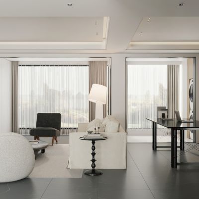 现代极简家居客厅 横厅 无主灯客厅 黑白客厅 大平层客厅 客厅书房一体3D模型