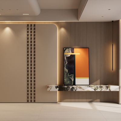 意式 轻奢风 护墙板 造型隔断 弧形顶 端景壁画 客厅 沙发墙