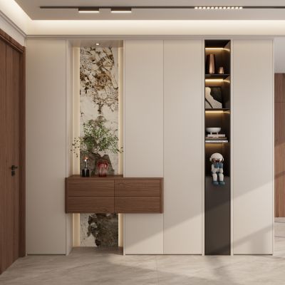 宋式 中古风 岩板 内嵌式 端景柜 开放格子 悬浮顶 玄关