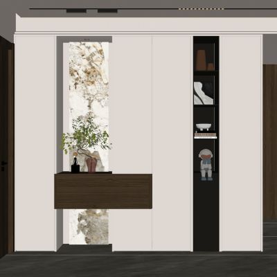 宋式 中古风 岩板 内嵌式 端景柜 开放格子 悬浮顶 玄关