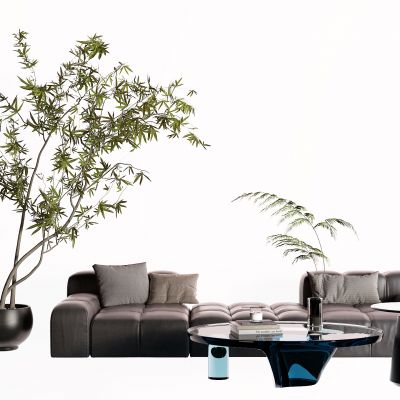 后现代皮质沙发 玻璃茶几3D模型