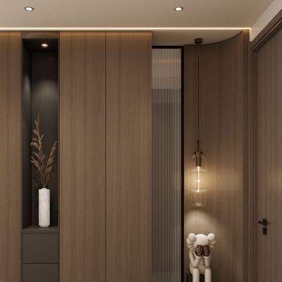 意式 轻奢风 端景柜 长虹玻璃 线性灯 洞石 玄关