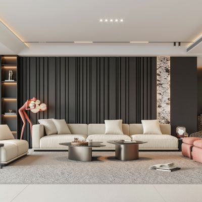 意式轻奢家居客厅 布艺沙发茶几组合 暗黑风沙发背景墙 无主灯黑白灰客厅 休闲椅 落地灯3D模型