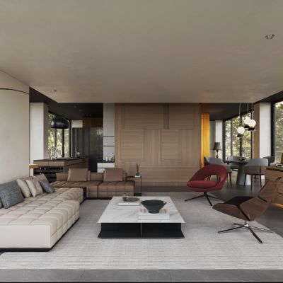 意式极简别墅客餐厅 大平层 横厅  复式客餐厅