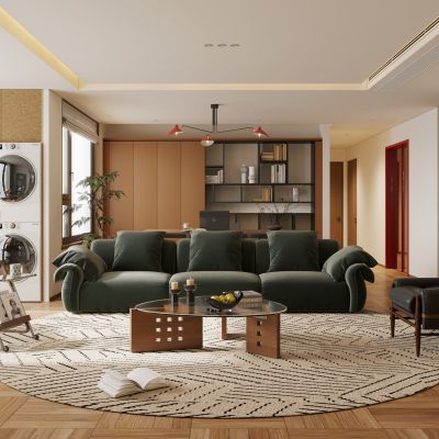 现代中古大平层客餐厅 大平层 横厅 中古风沙发