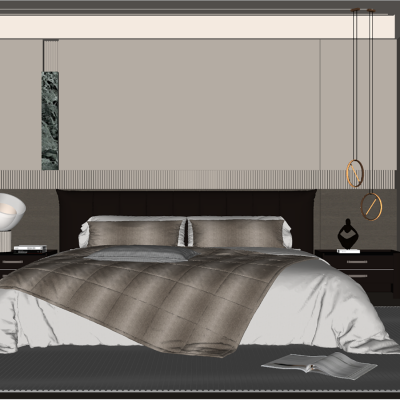 意式轻奢家居卧室 主卧皮质双人床 现代床头背景墙 床头柜吊线灯台灯 卧室衣柜 飘窗无主灯卧室