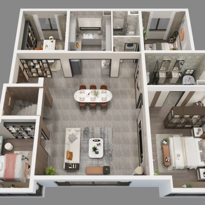 现代家装样板间鸟瞰图3D模型