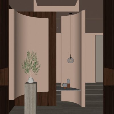 奶油 中古风 弧形造型 悬浮顶 洞石 鞋柜 端景 玄关