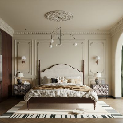 法式中古风卧室 法式实木双人床 飘窗卧室 主卧3D模型