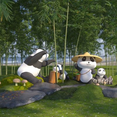 现代熊猫卡通雕塑 竹林竹子