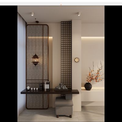  宋式 中古风 屏风 实木隔断 端景 宫灯 玄关