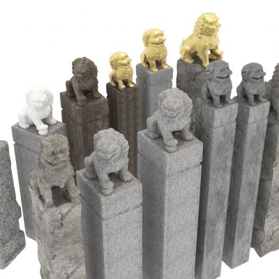 新中式现代庭院小品_栓马柱_拴马桩_石柱_瑞兽雕塑_石狮子_小品_庭院造景小品_雕塑_装饰柱