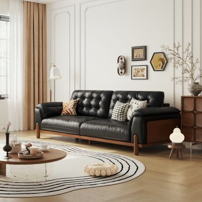 法式复古实木沙发 三人位沙发 皮质沙发