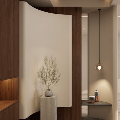 奶油 中古风 弧形造型 悬浮顶 洞石 鞋柜 端景 玄关