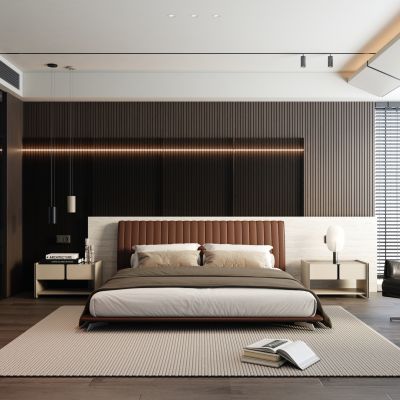 意式极简家居卧室 主卧 飘窗卧室 无主灯卧室 别墅卧室