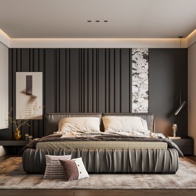 意式轻奢家居卧室 暗黑风床头背景墙 皮质双人床 床头柜吊线灯 高级灰卧室 飘窗卧室