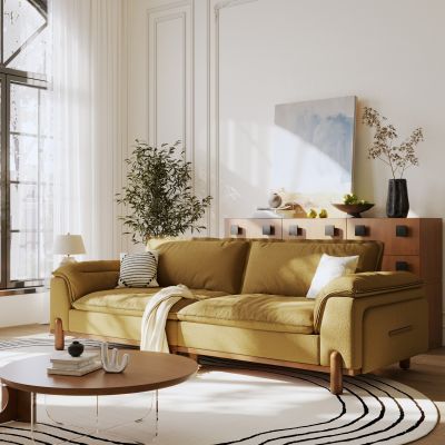 现代中古三人沙发 实木沙发 直排沙发 中古风沙发茶几 布艺沙发