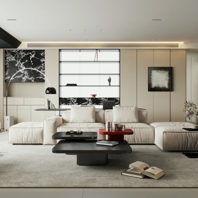 现代极简客餐厅 客厅书房一体  横厅 大平层