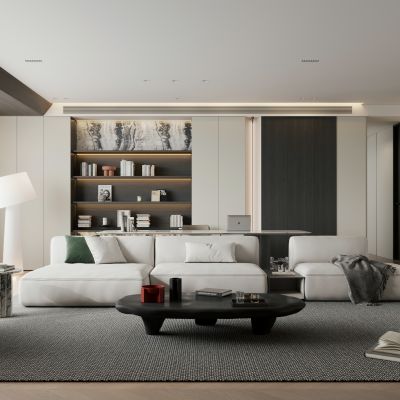 现代黑白极简客餐厅 横厅 大平层 客厅书房一体
