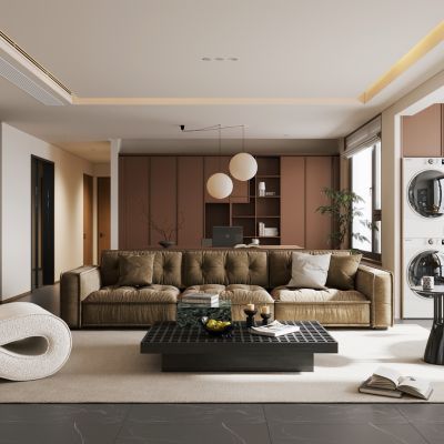 现代中古客餐厅 大平层 横厅 中古风沙发茶几 客厅书房一体