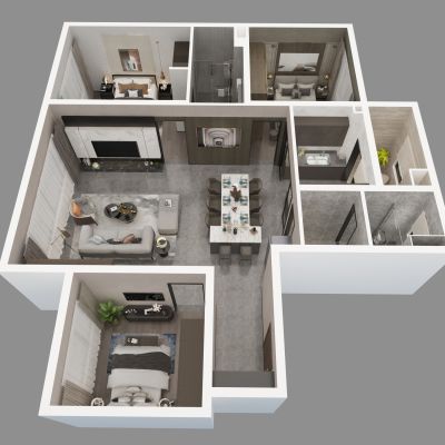 现代家装样板间鸟瞰图3D模型