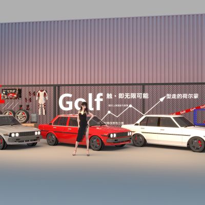网红墙 合影墙 美陈打卡区 汽车布置 复古老车 模特3D模型