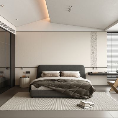 现代极简卧室 飘窗卧室 主卧 斜顶卧室 无主灯卧室
