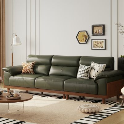 现代中古风沙发 实木沙发 多人沙发 皮质沙发