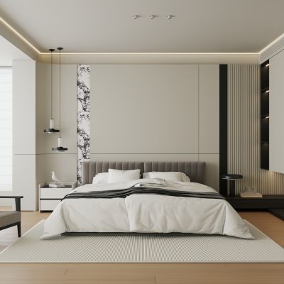 现代极简卧室 飘窗卧室 黑白极简卧室  无主灯卧室