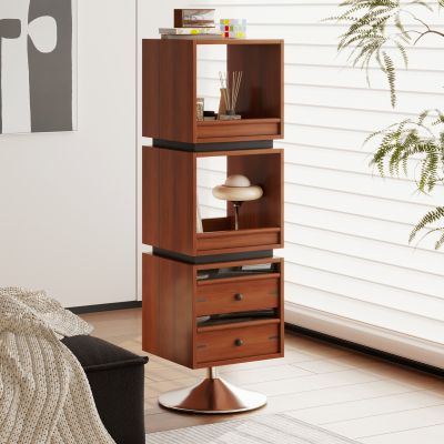 现代中古风置物架 落地书架 旋转边几