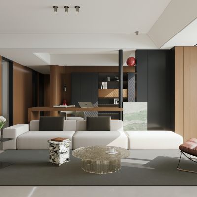 意式极简客餐厅 横厅 现代简约客厅 客厅书房一体