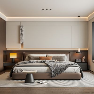 意式轻奢家居卧室 床头背景墙 皮质双人床 床头柜吊线灯 高级灰卧室 无主灯卧室