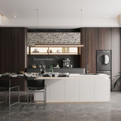 意式极简岛台餐厅  岛台餐桌椅 现代岛台餐厅