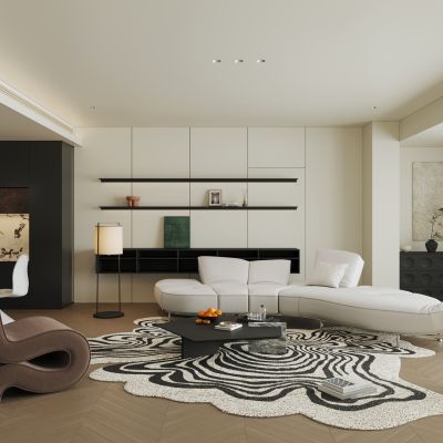 现代极简客餐厅 横厅 大平层 黑白客餐厅