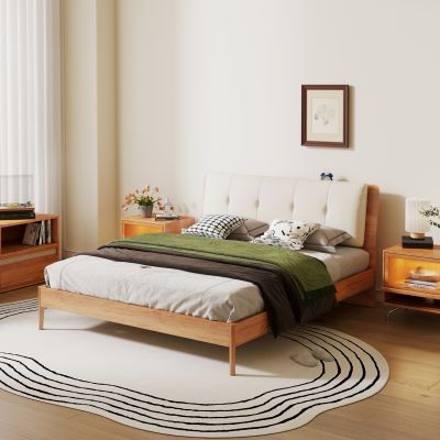 原木风双人床 北欧风实木床 实木床头柜