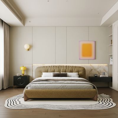 奶油复古风卧室 飘窗卧室 主卧 无主灯卧室