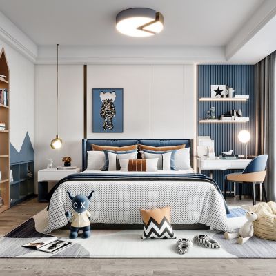 现代儿童房卧室 书桌椅 衣柜