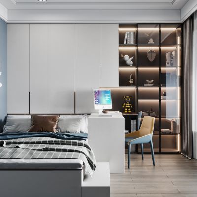 现代榻榻米卧室 书柜 衣柜 书桌椅