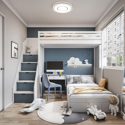现代儿童房 上下床 男孩房 书桌椅