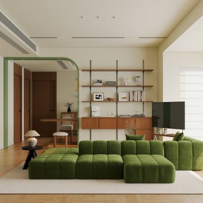 现代中古风客餐厅 横厅 大平层 客厅书房一体