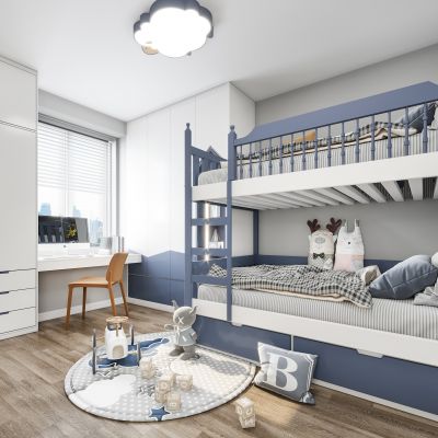 现代儿童房 上下床 男孩房 书桌椅 衣柜