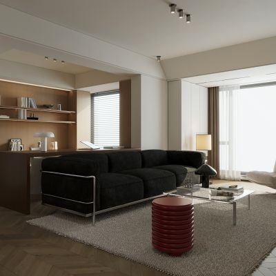 现代简约客厅 原木简约客厅 横厅 客厅书房一体