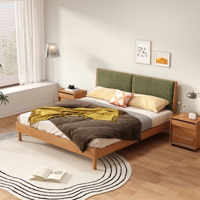 原木风双人床 北欧风双人床 实木双人床 床头柜