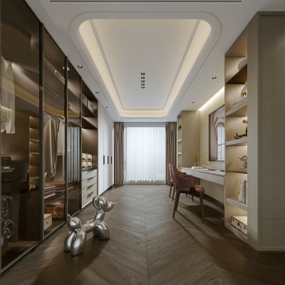 现代轻奢卧室，衣帽间，床，单椅，衣柜，电视柜