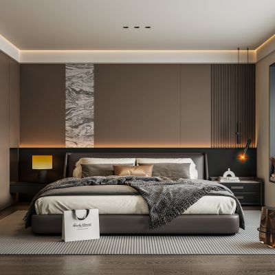 意式轻奢家居卧室 主卧床头背景墙 皮质双人床 无主灯卧室 高级灰卧室 飘窗卧室