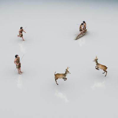 古代捕鱼原始人和鹿组合