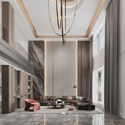 意式轻奢复式挑空客厅餐厅 暗色系奢石 沙发组合餐桌 雕塑摆件