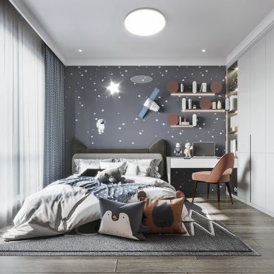 现代儿童房 现代儿童房卧室 书桌椅 儿童床