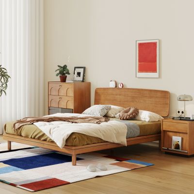 原木风双人床 实木双人床 中古风双人床 床头柜